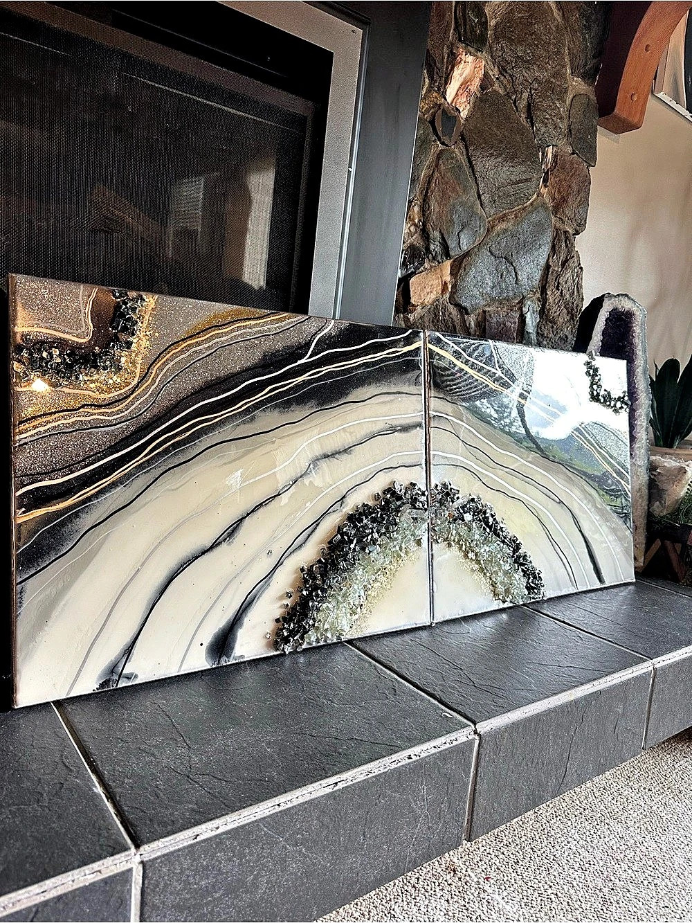 Geode Wall Art in Black & off White. Two piece ! 16x40 inch